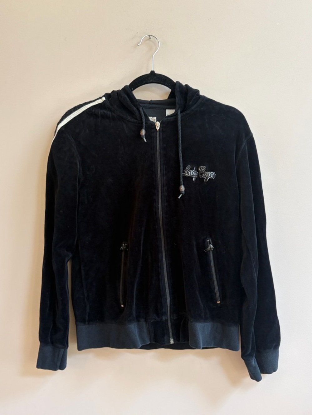 Lady Enyce Y2K Vintage Black White Velour Tack Full Zip Up Hoodie Hooded Sweater